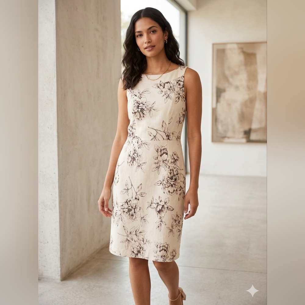 LOFT Cream Midi Dress with Black Floral Sketch